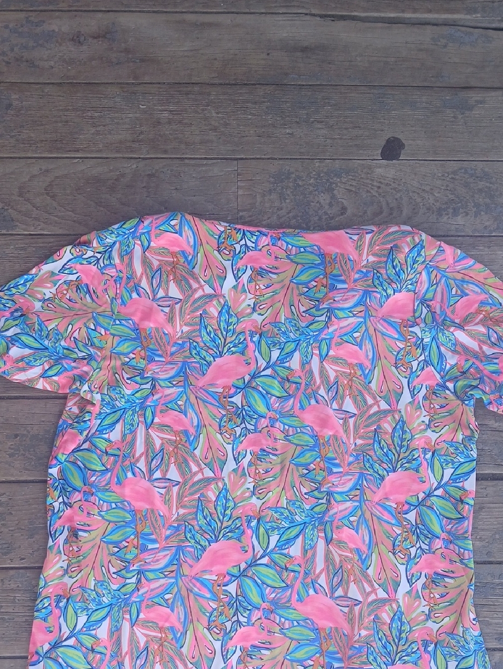 Lulu-B Pink Flamingo Tropical Leaf V-Neck Blouse - Picture 5 of 6